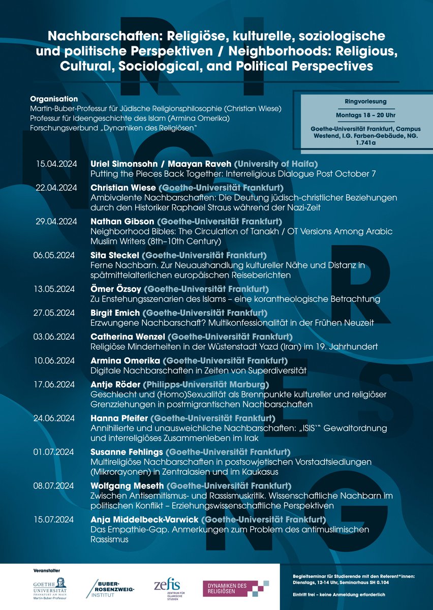 Heute in der Ringvorlesung #Nachbarschaften: Nathan Gibson zu '#neighborhood Bibles: The Circulation of #Tanakh / OT Versions Among #Arabic Muslim Writers (8th–10th Century)'. 🕕18.15 📍I.G. Farben-Gebäude NG 1.741a @goetheuni Campus Westend. @DynaRelGU