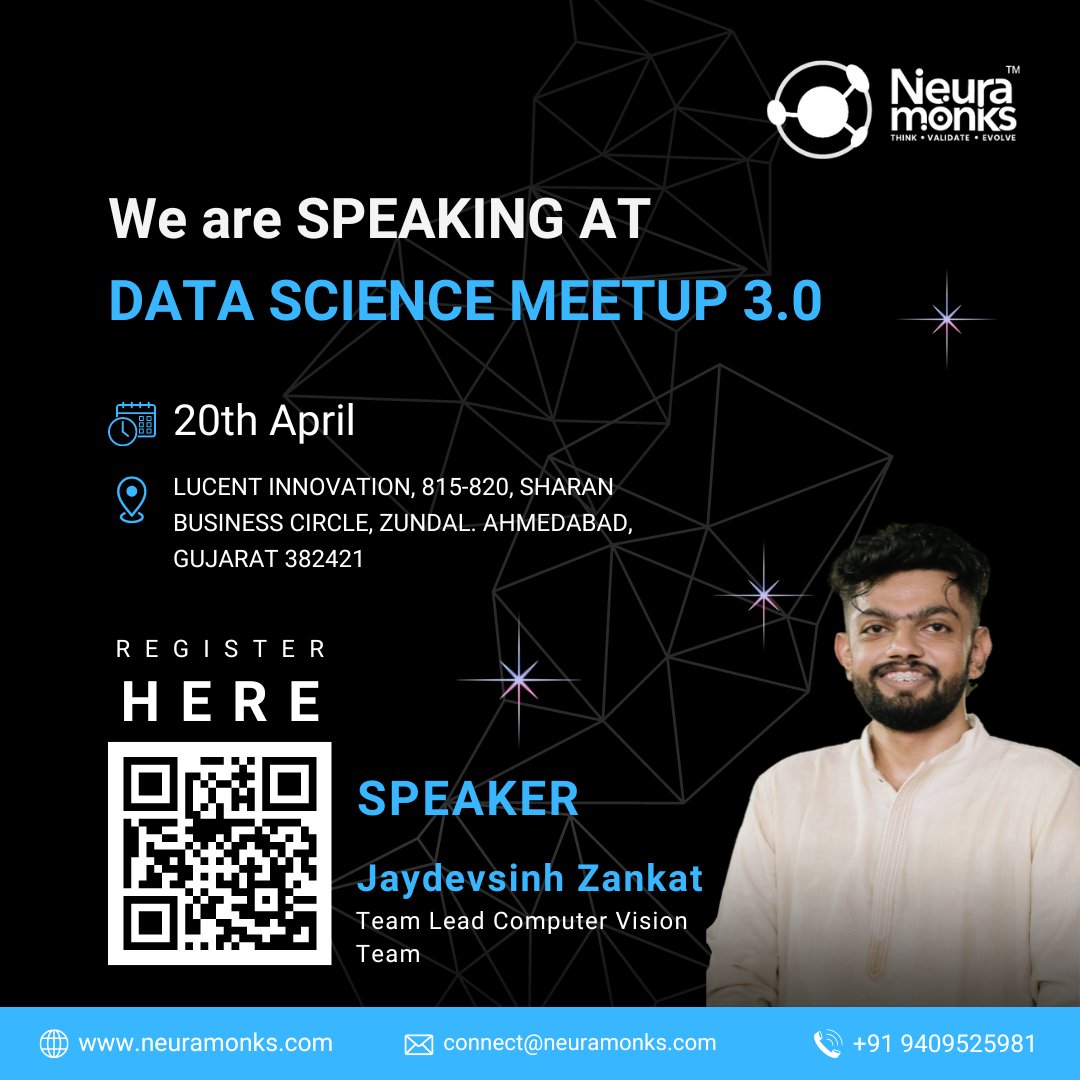 🚀 Excited to announce that Jaydevsinh Zankat, Team Lead of our Computer Vision Team at Neuramonks, will be speaking at the Data Science Meetup 3.0 on April 20th! Join us at Lucent Innovation in Ahmedabad, Gujarat, as we dive into the forefront of computer vision advancements.