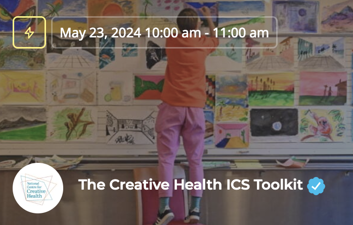 Are you working in an ICS, or a Health & Social Care System? Join us on Thurs 23 May, 10 – 11am, when we will celebrating Creativity & Wellbeing Week with a session aimed at exploring the Creative Health Toolkit, hosted by @CHWAlliance @LAHArtsHealth creativityandwellbeing.org.uk/listing/the-cr…