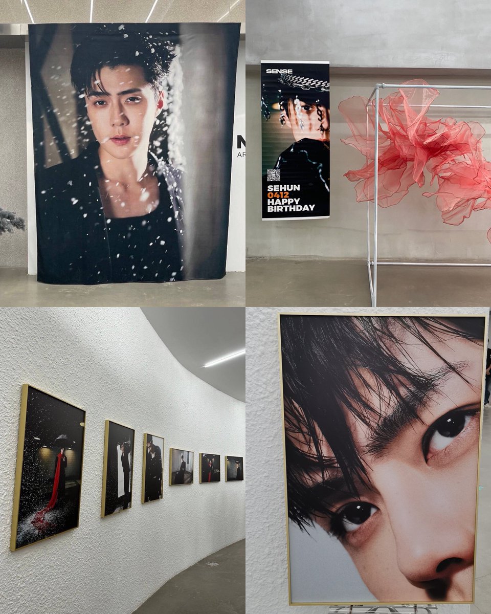 a birthday pop-up event organised by sense china magazine for sehun 🧡✨ the hat, scarf, umbrella, and leather gloves that sehun used for photoshoot are being displayed too~ a sehun photocard and acrylic stand were given to fans who visited & participated in the hashtag event!