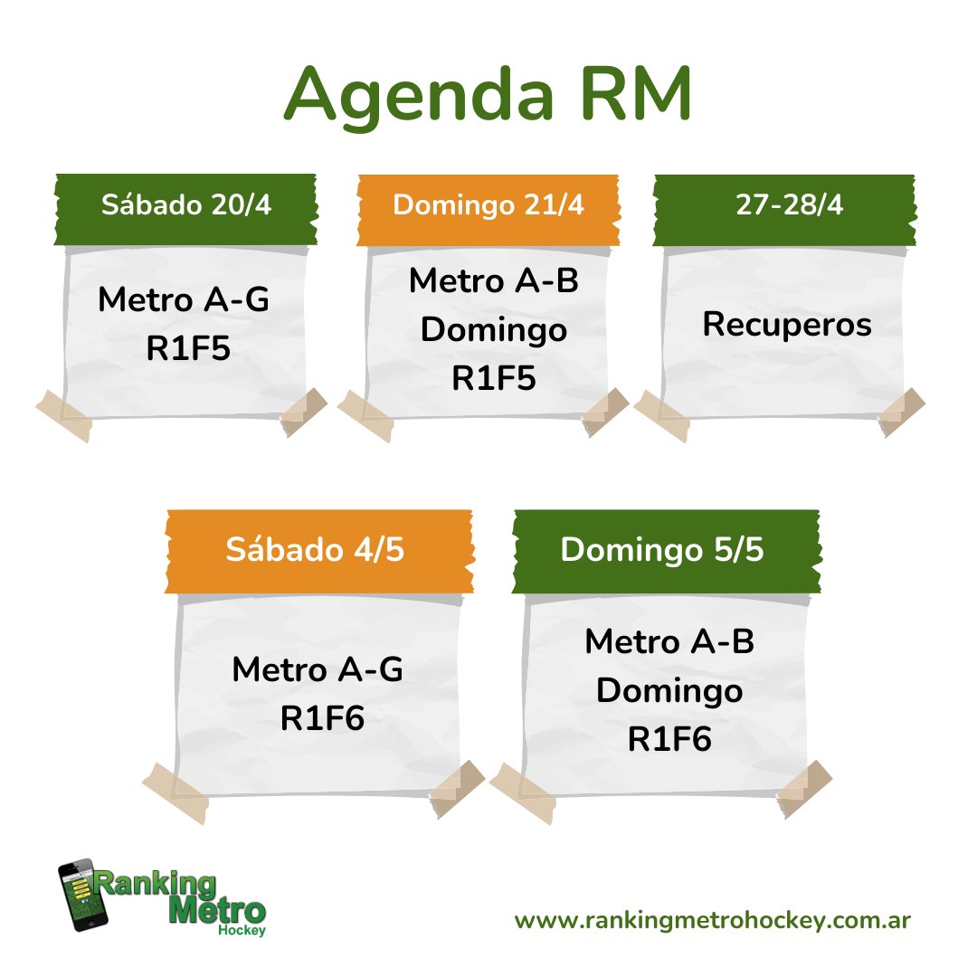 🗓 #AgendaRM 🏑  

20/4 Metro A-G R1F5 
21/4 Metro A Domingo R1F5 

27-28/4 Recuperos  

4/5 Metro A-G R1F6 
5/5 Metro A Domingo R1F6 #MetroCDMX 

 #Hockey #hockeyargentina #hockeyfield #calendario #agenda #agendaRM #InfoRM
