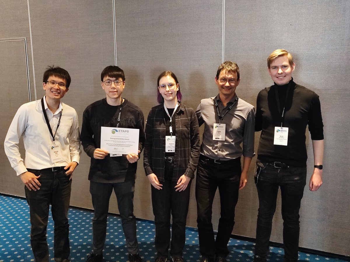 ftsrg_bme's tweet photo. The paper "Btor2-Cert: A Certifying Hardware-Verification Framework Using Software Analyzers", written by our PhD student, Zsófia Ádám @zsofi_adam, in collaboration with colleagues from @LMU_Muenchen received the Distinguished Artifact Award at TACAS 2024 @ETAPSconf. https://t.co/Phx9UpKUJF