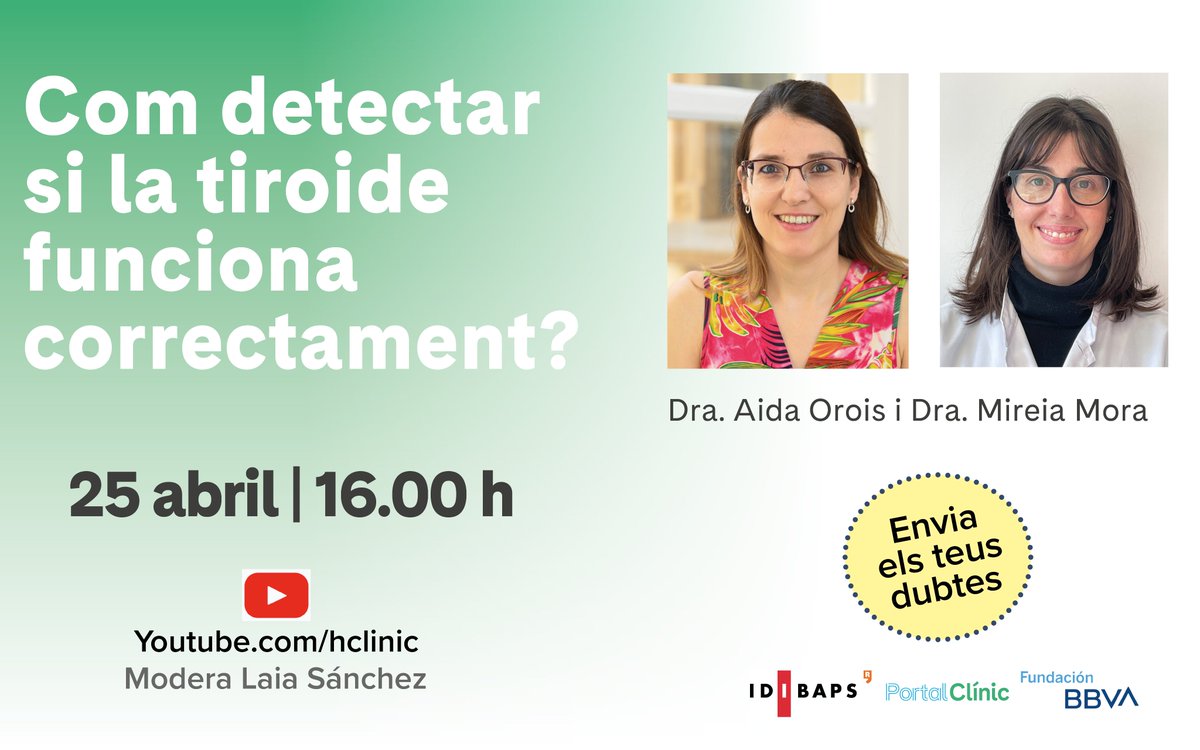 Saps quina és la funció de la glàndula tiroides❓ 👉 En parlem amb les Dres. @MireiaMoraPorta i @AidaOrois, del Servei d’Endocrinologia i Nutrició del #CLÍNIC. 📅25/04 🕓16 h 📍Youtube Envia les teves preguntes➡️ tinyurl.com/yy87vtd6 @FundacionBBVA #PortalCLÍNIC