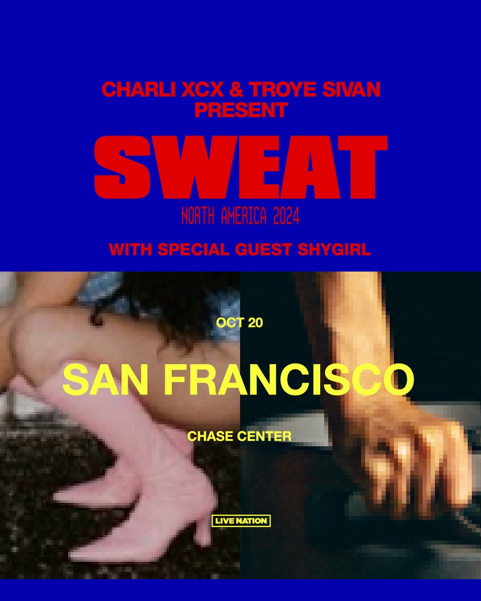 CHARLI XCX & TROYE SIVAN PRESENT: SWEAT. With special guest Shygirl.

Sign up now for presale access thru 4/25 at sweat-tour.com