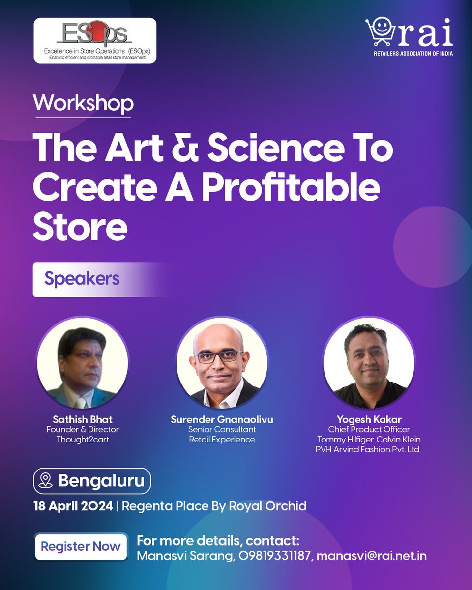 rai_india's tweet photo. Looking for an opportunity to gain knowledge in business excellence leading to profits? 

We’ve got just the workshop for you! Join us for an interactive workshop on ESOps (Excellence in Store Operations) in Bengaluru and nail the art and science behind creating a profitable store. 

Intrigued? Register now - <https://t.co/NXp1gqkuQg>

#RAIforIndianRetail #RetailMatters #Retailer #Brand #OnlineShopping #OnlineRetail #RetailStores #RetailShop #RetailMarketing #RAI #RetailAssociationofIndia #Learning #Insights
