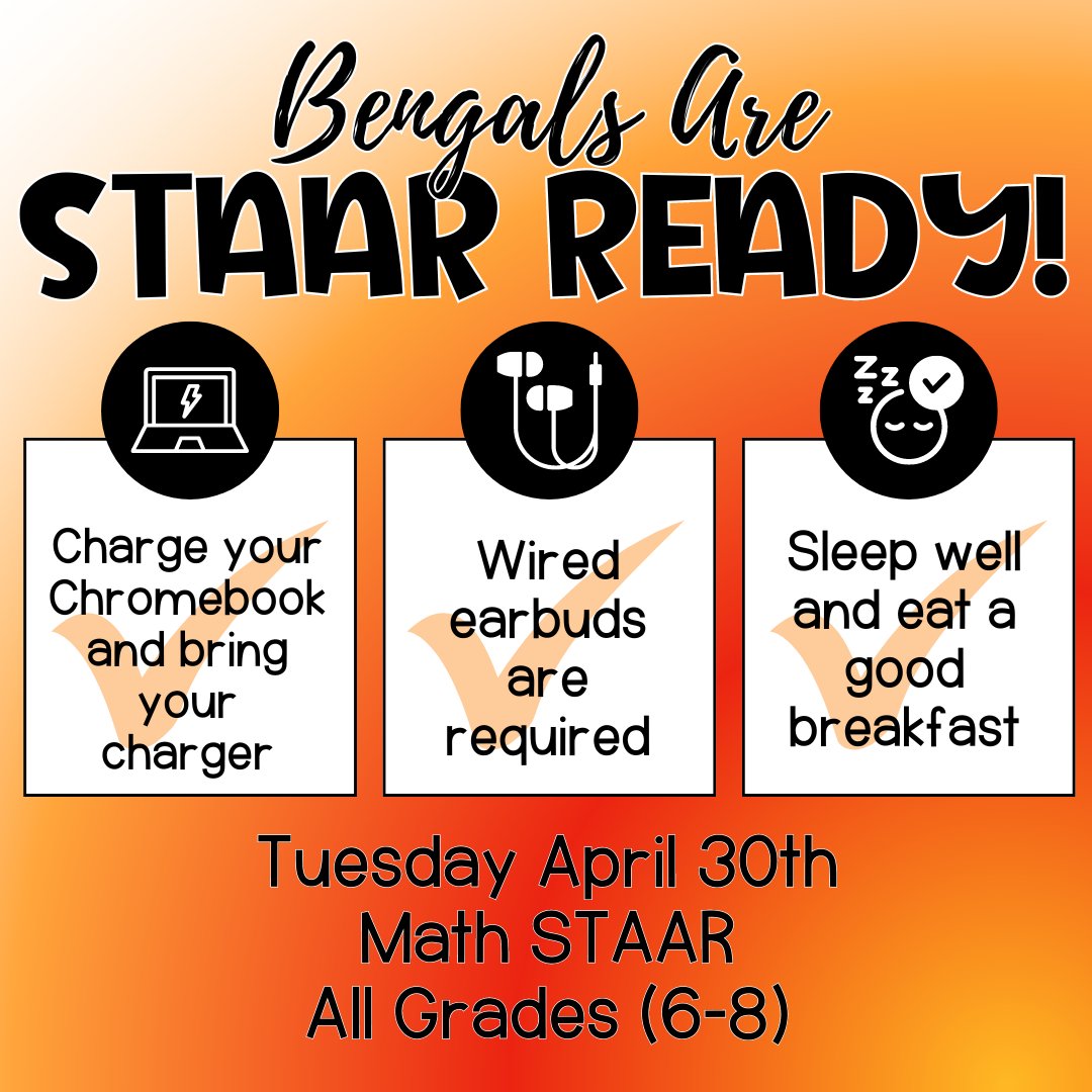 🚨 Attention, Bengals! 🚨

Math STAAR is tomorrow! See the reminders below and read the SchoolMessenger sent for additional information.

#bengalmagic #WeAreSalyards #bengalpride