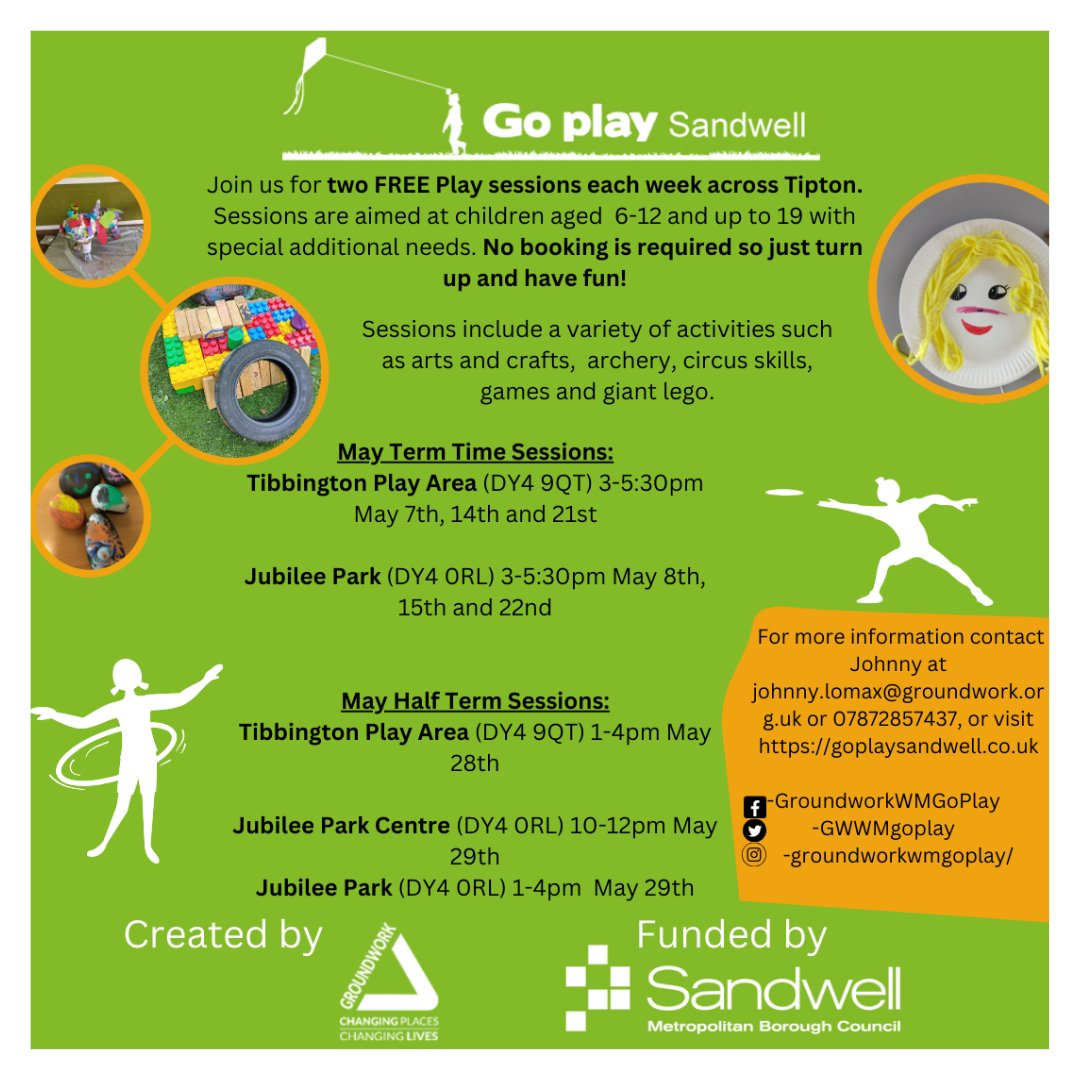 Have a look at our Free Play sessions delivered by our Play Partners Groundworks in Tipton in May.

 Don't miss the fun – click the link below and let the Play begin! goplaysandwell.co.uk
#goplaysandwell
#activities for kids
#sandwellcouncil