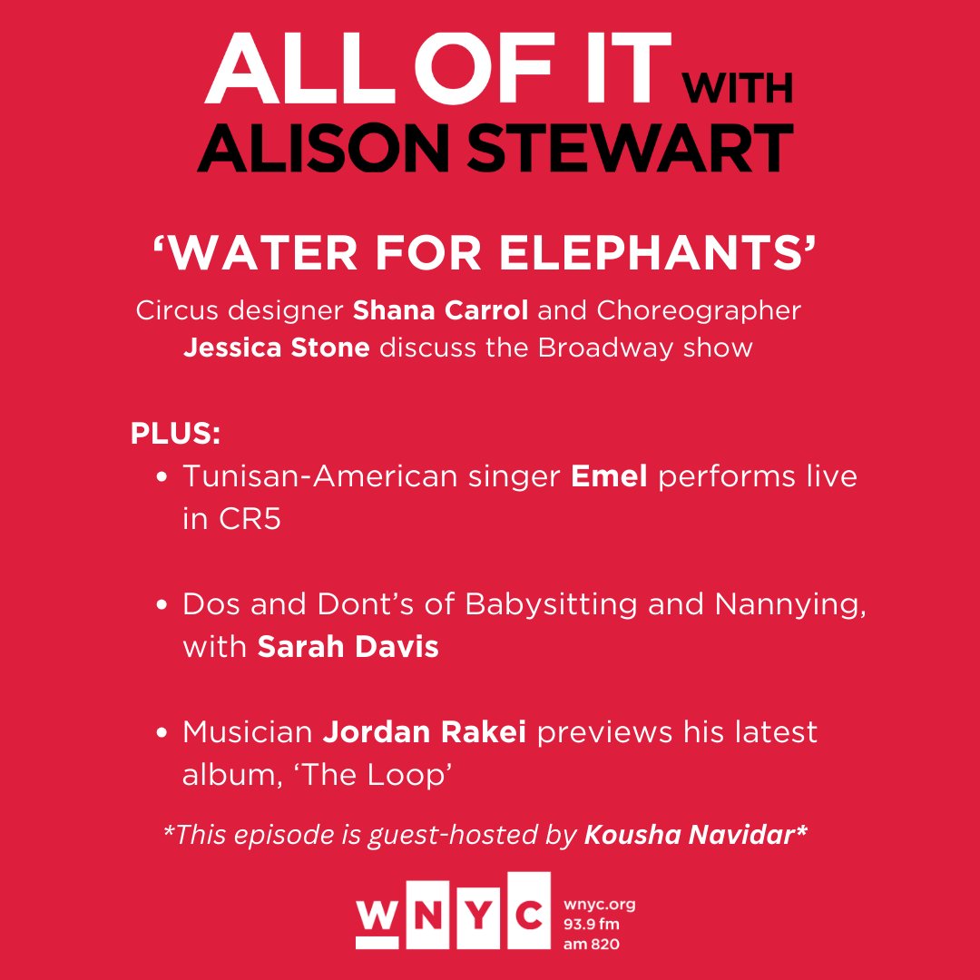 Happy Wednesday! Today, we speak to the team behind the new Broadway show, @W4Emusical. Plus, a performance by @MathlouthiEmel, and a listening party w/ @jordanrakei. Finally, the do's and don'ts of babysitting + nannying w/ @oliveyounanny. Noon @WNYC ft. @koushanavidar!