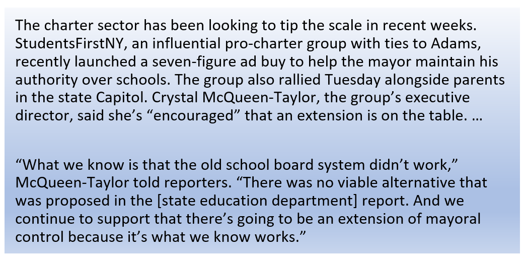 Should raise a red flag that charter school lobby is only NY education group speaking out in favor of extending mayoral control & spending millions on ads for this. Meanwhile, charter schools are NOT run by the Mayor (though they helped elect him & he's given them lots of favors)