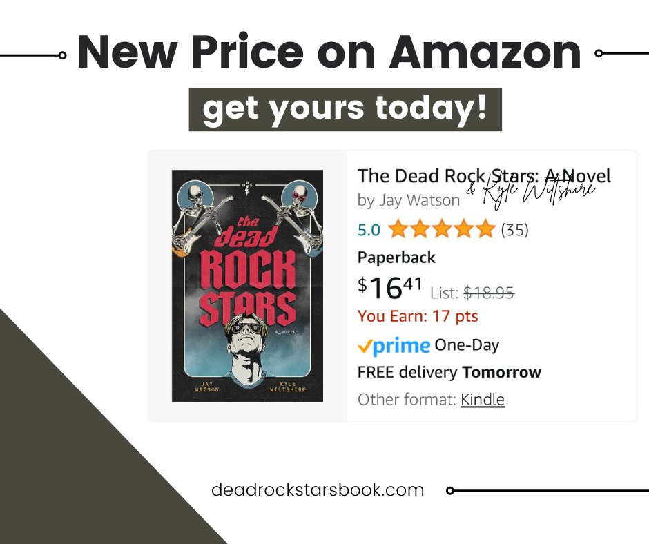 If you've put it off, now's the time to get your copy:
35 (!) Five Star Reviews (That means it's good 😉) 
Available on Kindle!
Biggest discount Amazon has offered yet!
Get yours today on Amazon or at deadrockstarsbook.com!
#deadrockstarsbook