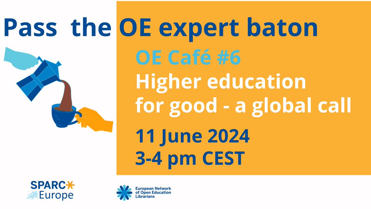 Save the date: @SPARC_EU and #ENOEL invite you to our sixth OE Cafe! We are sitting with editor @catherinecronin and authors @actualham and @carolak to talk about #HE4Good. Register here: tinyurl.com/OEcafeS6