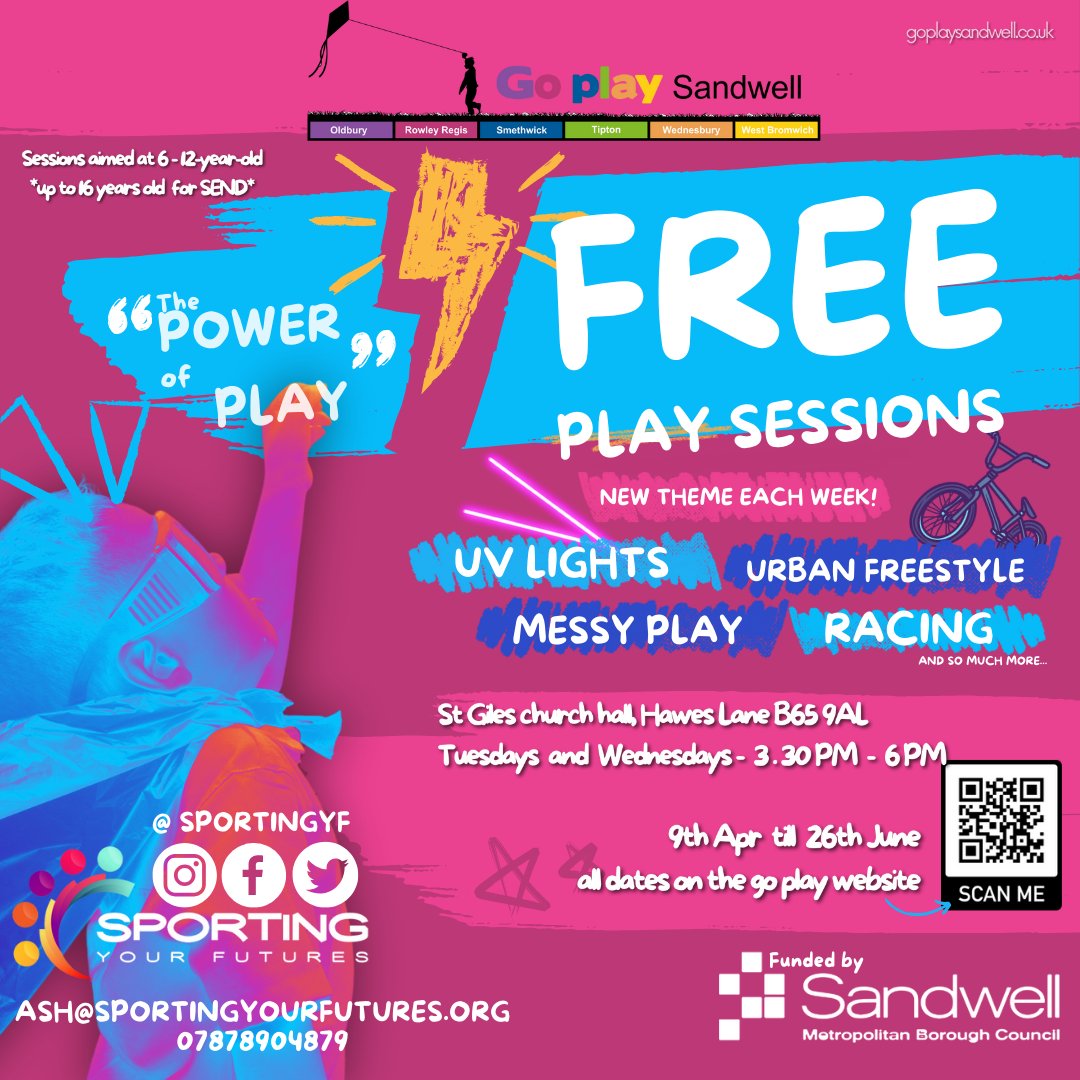 Have a look at our Free Play sessions delivered by our Play Partners Sporting your futures in Rowley in May.

Don't miss the fun – click the link below and let the Play begin! goplaysandwell.co.uk
#goplaysandwell
#activities for kids
#sandwellcouncil