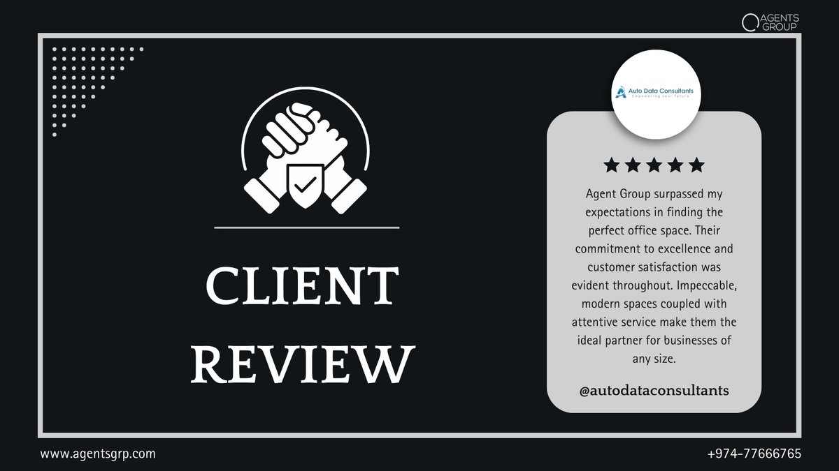 Thrilled to hear positive feedback from our client about their experience renting an office space from Agents Group. Thank you for choosing us!

#qatarbusiness #dohaqatar #سوق_قطر #قطر #الدوحه #qatarliving #qatarluxury #HappyClients #AgentsGroupSuccess #TopRated #PositiveFeedback