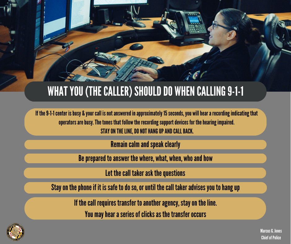 April is #National911EducationMonth! If the 9-1-1 center is busy & your call is not answered w/in ~15 seconds, you will hear a recording indicating that operators are busy. STAY ON THE LINE, do not hang up & call back. ➡️bit.ly/49F6hb5 ➡️joinmoco911.com #MCPD