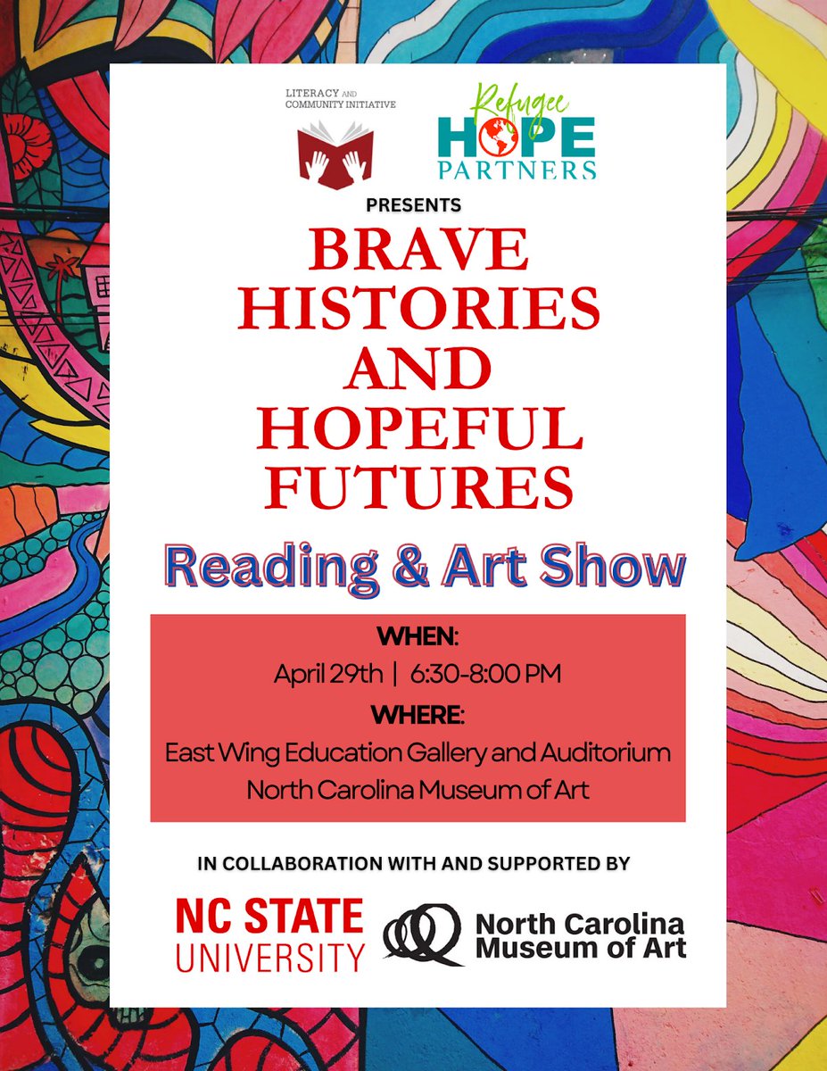 Youth from @refugeehopenc will read written narratives from their new book, showcase their artwork and answer questions on their personal journeys during @LCI_NCSU’s Reading and Art Show April 29 at @ncartmuseum. RSVP: bit.ly/3xuzV5A @CrystalChenLee1