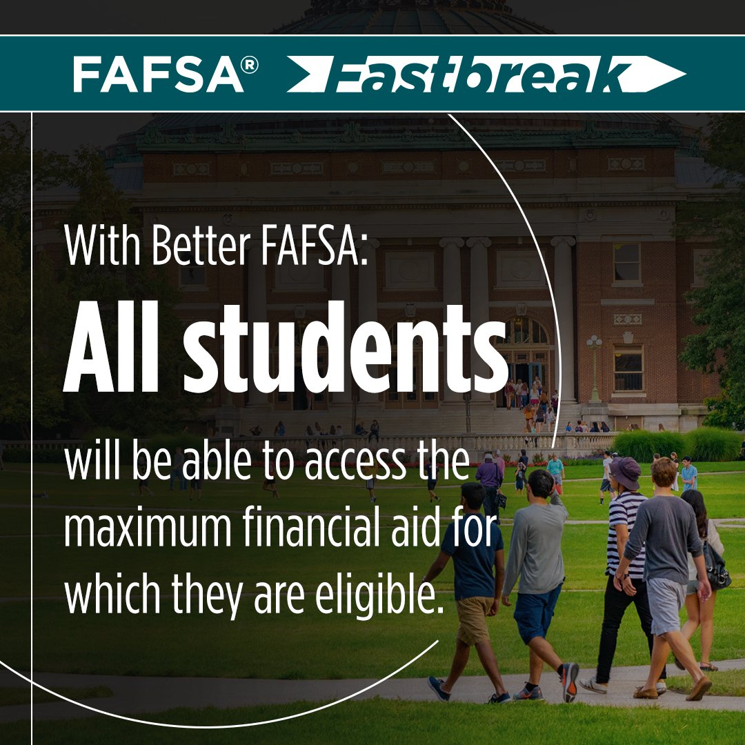 Federal student aid helps make higher education a reality for many students. This year's FAFSA has undergone significant changes to better serve students and families. Take a #FAFSAFastBreak and submit your FAFSA application by April 19 by visiting studentaid.gov