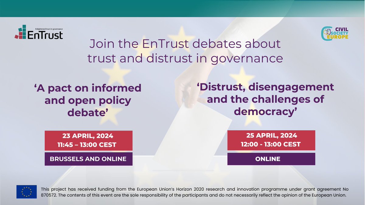 🗓️ Coming up next week! Join the two @EnTrust_Project debates to discuss: 1⃣The relationship between CSOs & EU institutions, and civil dialogue for EU policymaking 2⃣An upcoming guide to understanding trust & distrust in democratic governance More info 👉bit.ly/3UlqJJO