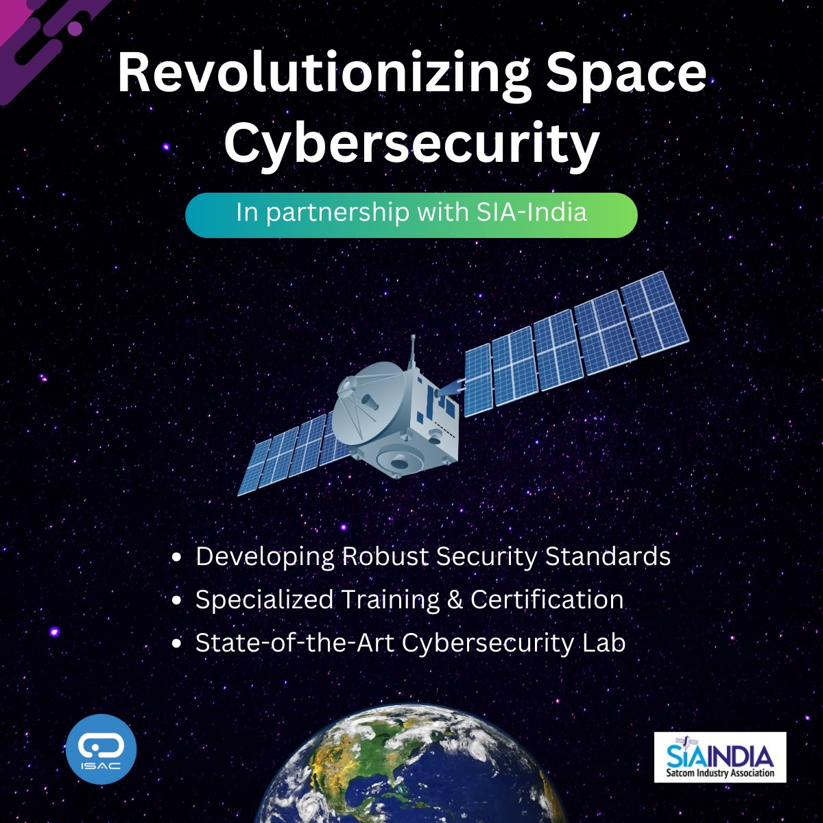 Partnering with SIA-India to revolutionize #SpaceCybersecurity. New standards for cyber-physical systems, edge computing, & IoT in space are on the horizon!

Initiatives:

Robust security standards
Specialized training programs
Cutting-edge #CyberSecurityLab

Together, we're…