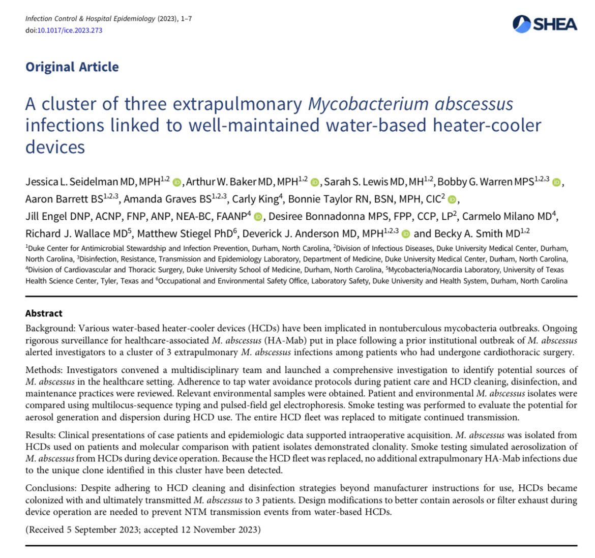 David Weber discussing an @ICHEJournal paper by Seidelman et al on a cluster of Mycobacterium abscessus #SHEASpring2024 📄: cambridge.org/core/journals/…