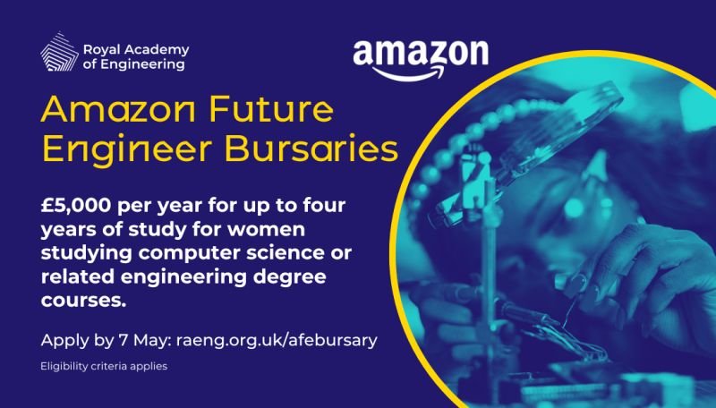 stacshq's tweet photo. Amazon Future Engineer bursary offers up to £20,000 to support women from low-income households pursuing computer science or related engineering degrees in the UK.  Deadline 7th May.
https://t.co/k6EwNRjLM9
More opportunities here https://t.co/g8GxBXlFWB https://t.co/lt2zwwYlS2