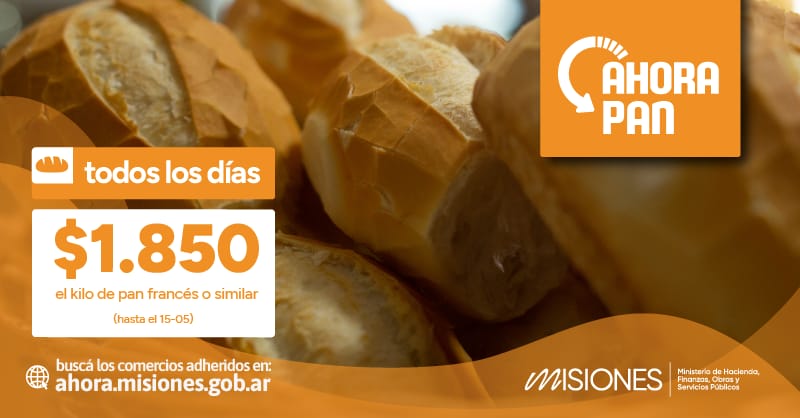 #AhoraPan #Misiones Tras un nuevo acuerdo entre el @gobmisiones y empresarios panaderos, a partir de hoy y hasta el 15 de mayo el programa seguirá vigente con un precio máximo de hasta $1.850 por kilo de pan francés o similar 👉bit.ly/3UoMFE4