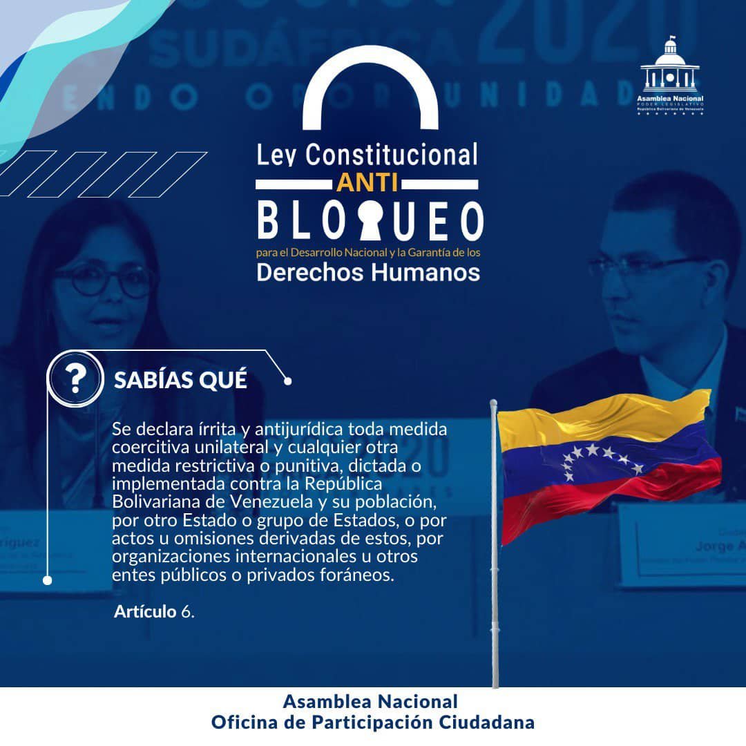 ¡Infórmate! #17Abr Esto establece la Ley Constitucional Antibloqueo para el Desarrollo Nacional y la Garantía de los Derechos Humanos en su artículo No 6. #VenezuelaSeRespetaYPunto #QueLoSepaElMundo #BidenLevantaElBloqueoYa Feliz Miércoles