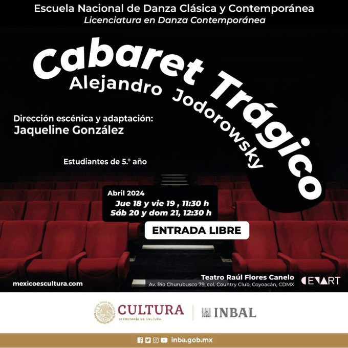 Estudiantes de danza contemporánea llevan a escena la obra 'Cabaret trágico', de Alejandro Jodorowsky 🔸 del 18 al 21 de abril en el @cenartmx. 🔗 shorturl.at/bASU9 / @cultura_mx 🇲🇽