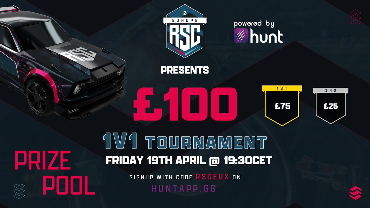 Feast your eyes on the next £100 RSC Monthly event Powered By <a href="/HuntAppNetwork/">Hunt App</a>  💸 

Put your 1v1 skills to the test! Kick off Friday 19th April 19:30CET! 📝 

Sign up now with code RSCEUX and be within the RSC Discord! 👇

huntapp.gg/tournaments/RS…