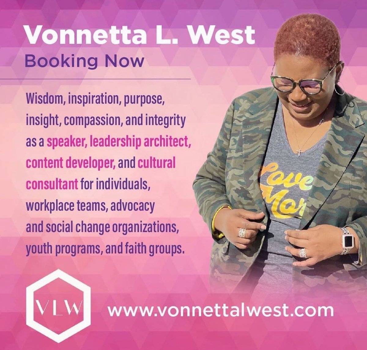 Booking now. Let’s create, lead, and grow together: vonnettalwest.com #speaker #leadership #consultant #content #culture #workplace #advocacy #socialchange #youth #honor