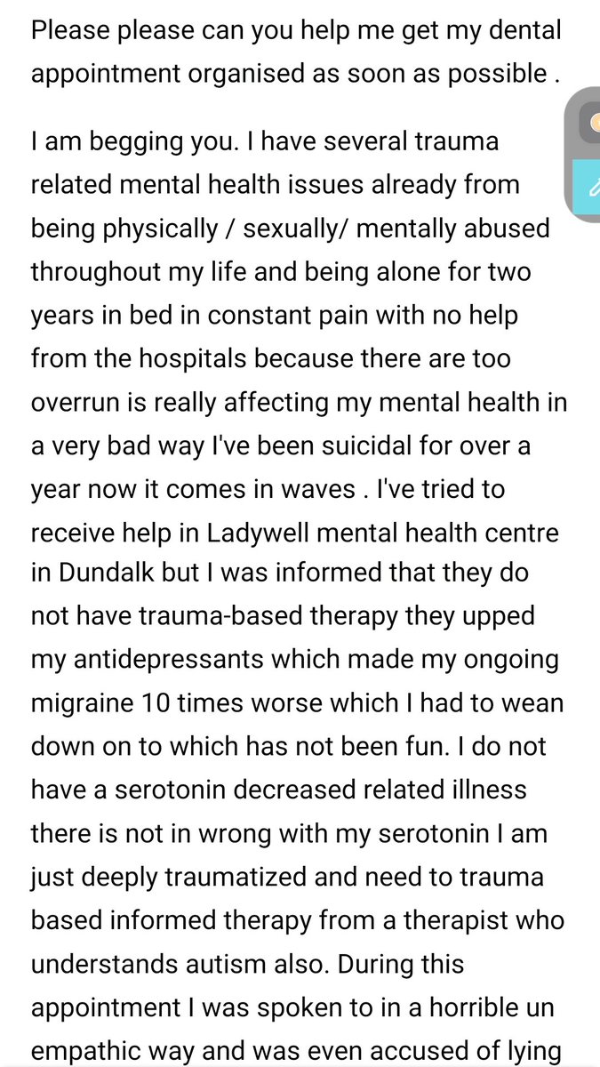 (1)Open letter to @DonnellyStephen .
I'm an autistic 36 yr old who is on disability for many chronic health issues. I am begging for basic healthcare. T/w suicide/ injury details Pls repost friends &amp; advice me who I can tag to help me try to get assistance <a href="/AccessForAll7/">Access For All Ireland</a>