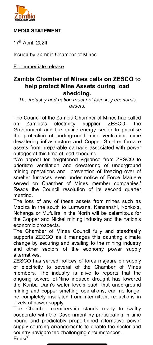 🚨 Regional power crisis: Zambia’s mining industry fears “irreparable damage” for underground mines and smelters due to power cuts. Losses would be “calamitous”. Zambia and Zimbabwe face power shortages after generation at the shared Kariba dam was sharply cut due to the drought