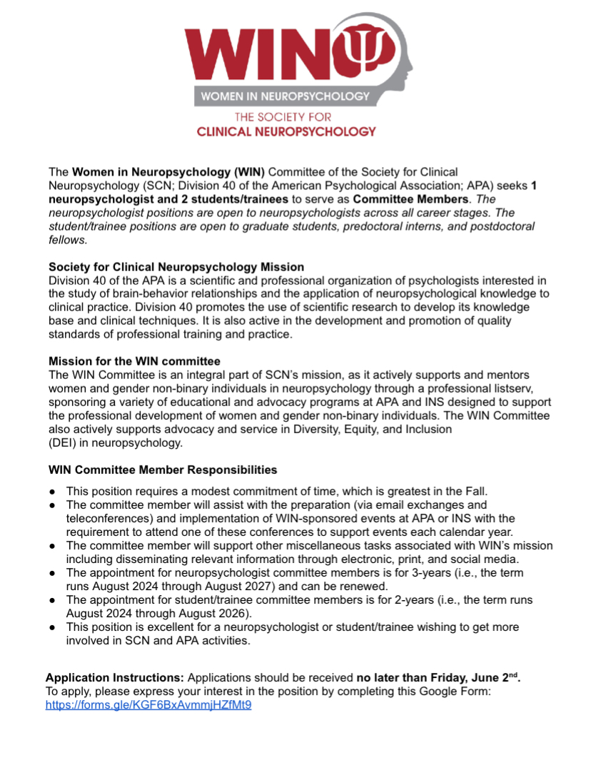 ‼️WIN is seeking 1 neuropsychologist & 2 students/trainees to serve as committee members! Deadline is 6/2. Position details & application link below! @Div40ANST @Div40ECNPC @APADivision40 @SoBlackNeuro @HNSneuropsych @AsianNeuropsych @QueerNeuroPsych @New2Neuropsych @ins_slc