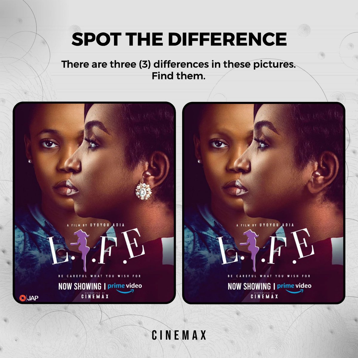 Spot the difference at first glance 😎 Don’t blink 😉 #life is still streaming on @primevideonaija Movie distributed by @cinemaxng . . #cinemaxng #cinemaxdr #lifethemovie