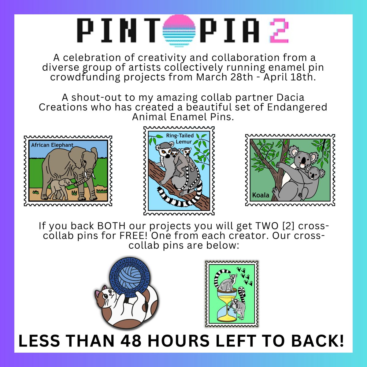 We are fast approaching the final 24 hours of Pintopia 2!

Link to my collab partner -

backerkit.com/c/projects/dac…

#lastchance #linkinbio #pintopia #pintopia2 #pintopia2024 #BackerKit