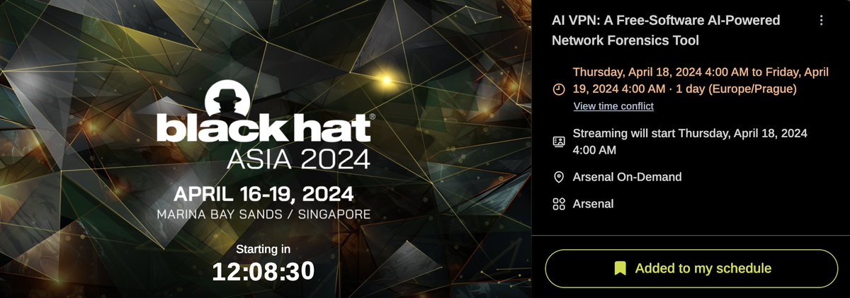 @eldracote @coreflood_ @BlackHatEvents Also on demand, watch our presentation of the 'AI VPN: A Free-Software AI-Powered Network Forensics Tool', presented by @verovaleros / @civilsphere .

blackhat.com/asia-24/arsena…

#NetworkForensics #TrafficAnalysis #infosec #BHASIA #blackhat #Arsenal