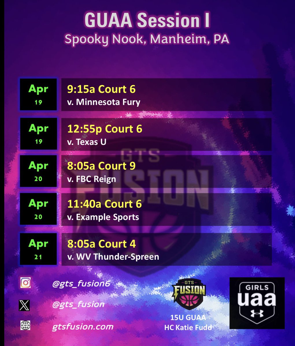 Schedule for this weekend at @UANextGHoops GUAA Session I with @GTS_Fusion Come check us out!