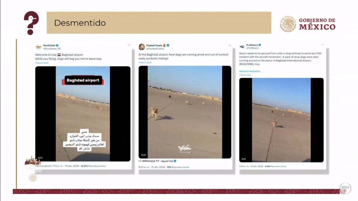 Vital_MX's tweet image. Difunden video falso sobre el AIFA.
Video corresponde al aeropuerto de Baghdad, Irak, donde se observa a un grupo de caninos correteando un avión.
#ÚltimaHora #PlanC #ClaudiaSheinbaum #ClaraJefaDeGobierno #SiguemeYTeSigo #AMLO #FueraXochitl #SiguemeYTeSigoDeVuelta