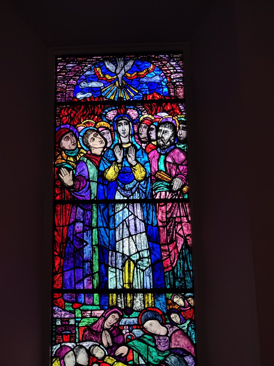 Our next stop is to Manresa Jesuit Retreat centre in Dollymount where we're all being stunned by the Evie Hone windows. Glowing colour in the dark. I'll take the Pentecost home, love that fire! 🔥