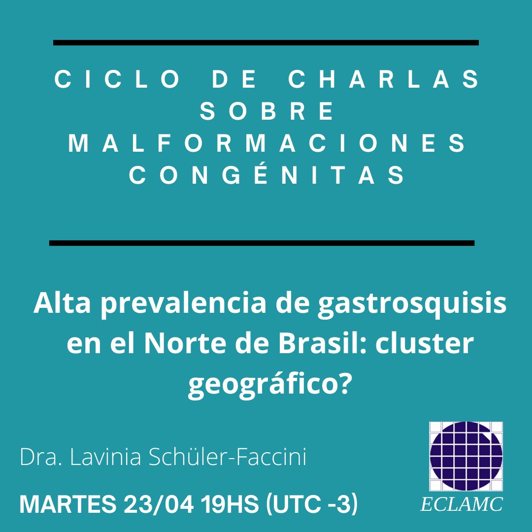 ECLAMC1's tweet photo. Invitamos a participar del Ciclo de Charlas sobre Malformaciones Congénitas. El próximo encuentro será el martes 23/04 a las 19hs (UTC-3). Lxs esperamos!

"Alta prevalencia de gastrosquisis en el Norte de Brasil: cluster geográfico?" https://t.co/JTKtXShZsO