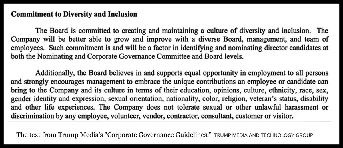 Donald Trump’s company, Trump Media and Technology Group, has a diversity and inclusion policy, something he vows to eliminate across the country.