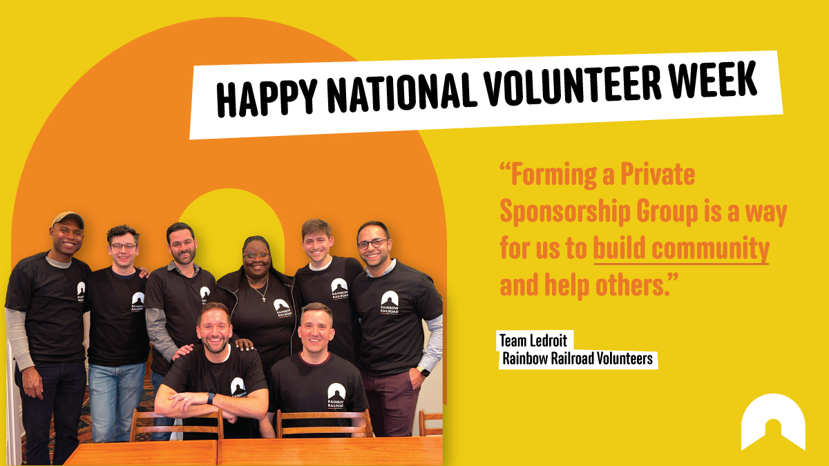 “Forming a private sponsorship group is a way for us to build community and help others.” For #NationalVolunteerWeek, we’re celebrating the work of Rainbow Railroad volunteers who support LGBTQI+ newcomers in their communities. rainbowrailroad.org/take-action/ap…