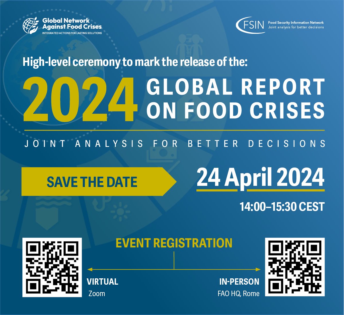 📣Only one week left until the release of the 2024 Global Report on Food Crises! 

🗓️Join us on April 24th - 2 PM CEST

📍 Join in person at FAO HQ: bit.ly/GRFC2024launch…
or
🖥️attend online:  bit.ly/GRFC2024launch…

#GRFC24 #Fightfoodcrises