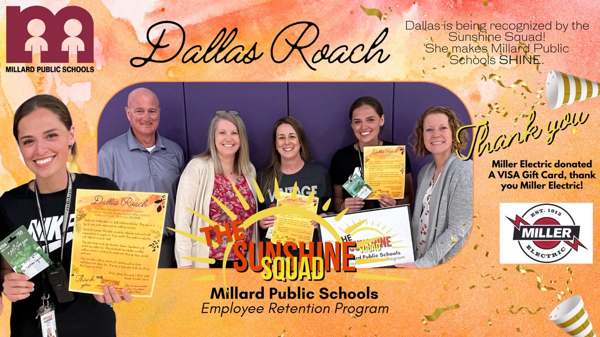 The Sunshine Squad awarded Dallas a $50 Gift Card donated by Miller Electric! Dallas plans wellness activities for staff and students. She is a huge part of the fun things that happen at BMS!  #SHINEwithMPS  #Proud2bMPS millerelect.com #Proud2bBMS @MPS_Beadle