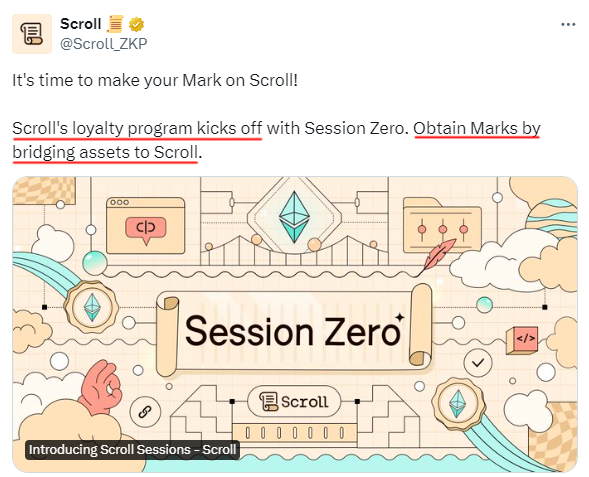 Scroll's loyalty program kicks off 📜 Kicks off with Session Zero To be eligible for Session Zero, bridge ETH and wstETH via the native bridge and STONE using LayerZero. - Native Bridge: scroll.io/bridge - LayerZero Bridge: app.stakestone.io/u/bridge Users who have