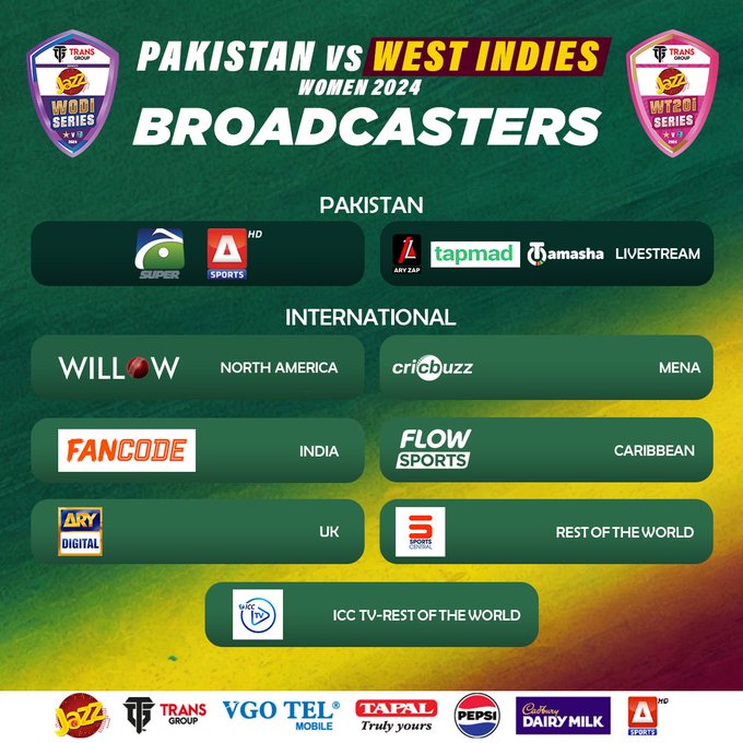 TransGroup Presents Jazz Pakistan vs West Indies ODI and T20I Series 2024 👇

#BackOurGirls
