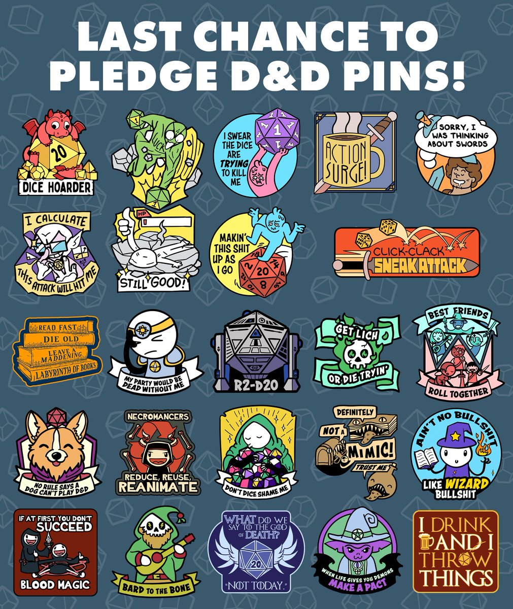 HERE WE GOOOO only 30 hours left on my D&D pins campaign ft. hilarious TTRPG-inspired guest pins by @DoodleForFood @NoobtheLoser @_mjwills @MrLovenstein @shenanigansen 24 of 25 designs unlocked with ONE stretch goal left! Check 'em all out at backerkit.com/c/projects/pet…