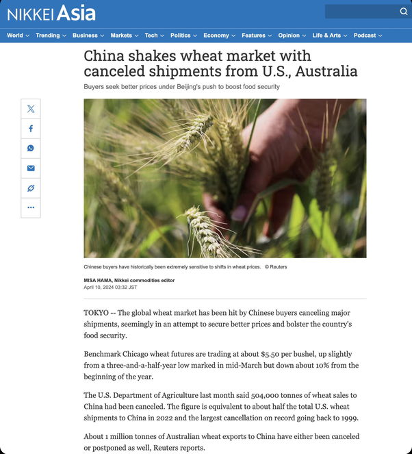 China cancelled one million tons of wheat orders from Australia and half a million ton from the United States as it chose to purchase from Russia instead - the largest cancellation of wheat orders in recent years. 

The purchase of Russian wheat will likely be made in RMB.