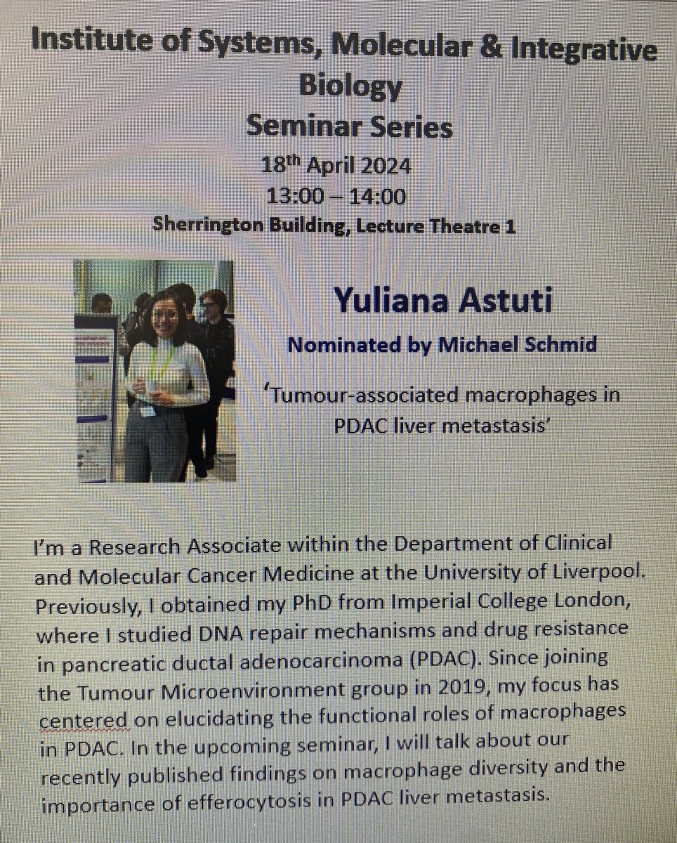 📣💥Yuliana Astuti, a senior postdoctoral researcher from our #Liverpool TME team is speaking tomorrow at our #LiverpoolCancerSeminarSeries about her exciting work on #macrophage efferocytosis in #PancreaticCancer metastasis.
All welcome to join!