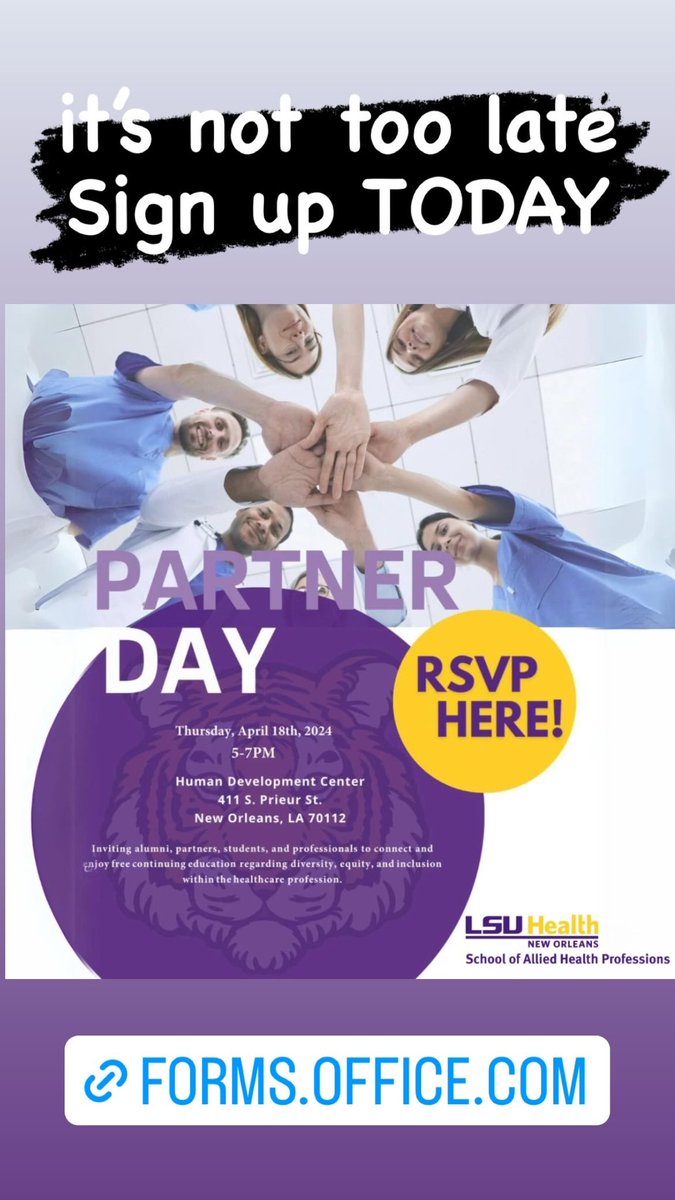 LSU Health New Orleans School of Allied Health (@lsuhealth_sahp) on Twitter photo It’s not too late to register for #PartnerDay ⁉️ TOMORROW ✨Thursday, April 18, 2024, from 5-7 pm. 🗣️ Jan Bradshaw, Ph.D., CCC-SLP, ACUE, will present on multicultural competence, implicit bias, & cultural humility in the workforce. 
forms.office.com/pages/response… It’s not too late to register for #PartnerDay ⁉️ TOMORROW ✨Thursday, April 18, 2024, from 5-7 pm. 🗣️ Jan Bradshaw, Ph.D., CCC-SLP, ACUE, will present on multicultural competence, implicit bias, & cultural humility in the workforce. 
forms.office.com/pages/response…
