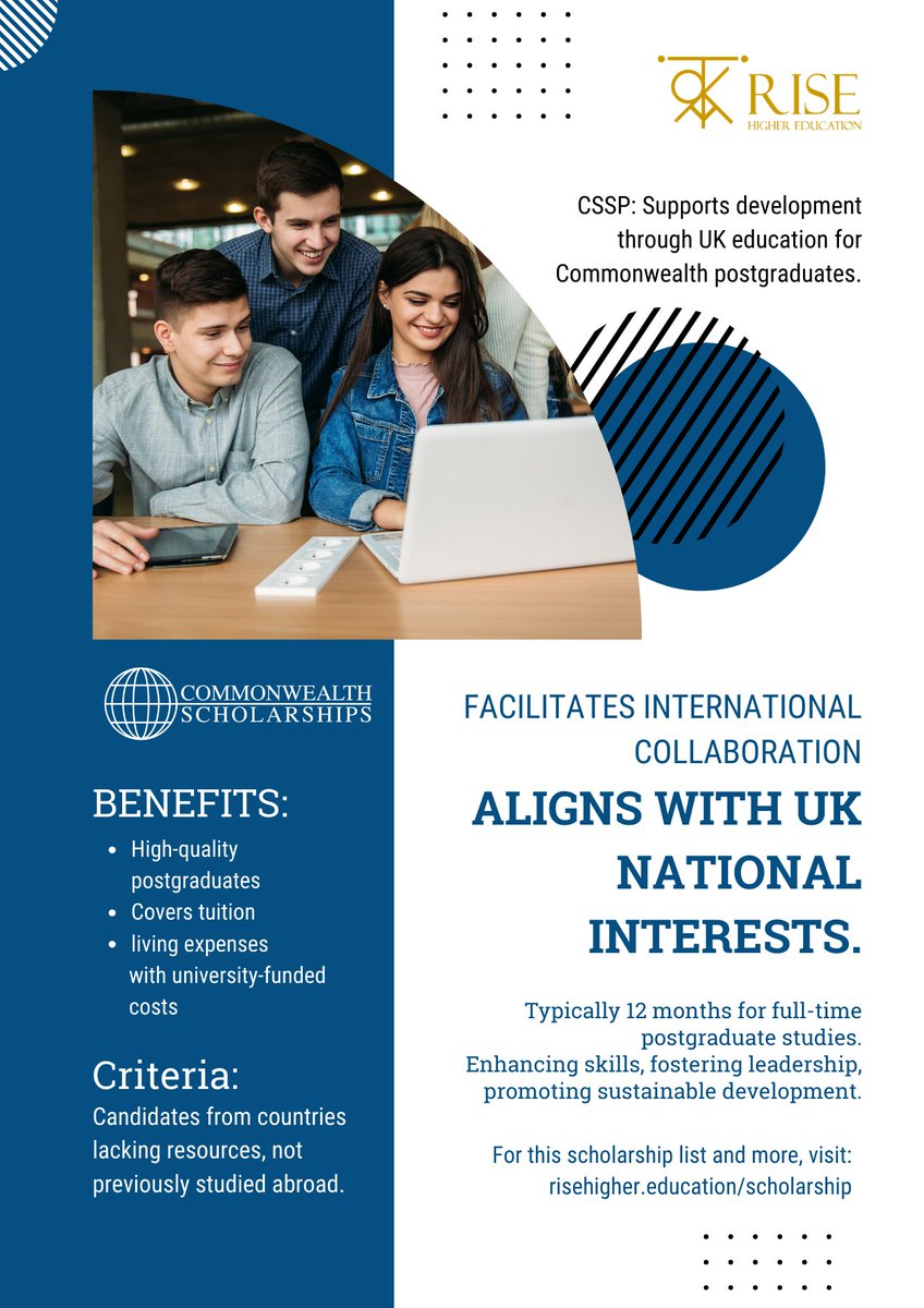 Empowering global leaders through the Commonwealth Shared Scholarship program 🌍🎓  For this scholarship list and more, risehigher.education/scholarship
 #CSFP #SustainableDevelopment #EmpowerThroughEducation #CSCImpact #InnovationInLearning #StudyUK #BuildingLeaders #ScholarshipJourney